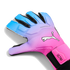 A Puma goalkeeper glove with a blue and pink gradient design, featuring a white cat logo and "ULTRA" branding on the wrist strap.