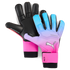 A pair of Puma goalkeeper gloves featuring black palms and a blue-to-pink gradient backhand with a white Puma logo and pink wrist wraps.