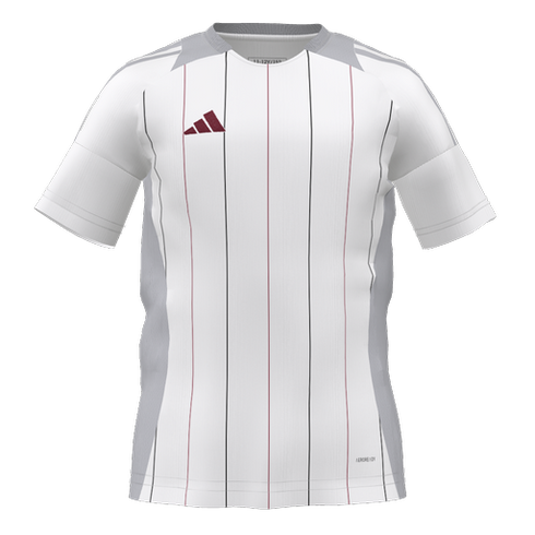 White short-sleeved Adidas jersey featuring thin black and maroon vertical pinstripes, grey side panels, and a maroon logo on the chest.