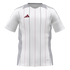 White short-sleeved Adidas jersey featuring thin black and maroon vertical pinstripes, grey side panels, and a maroon logo on the chest.