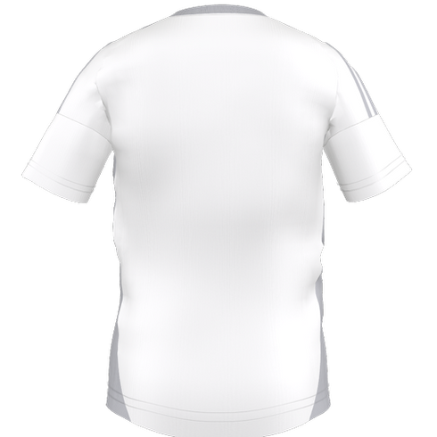 Back view of a white short-sleeved sports jersey with light grey stripes on the shoulders, grey side panels, and a grey crew neck.