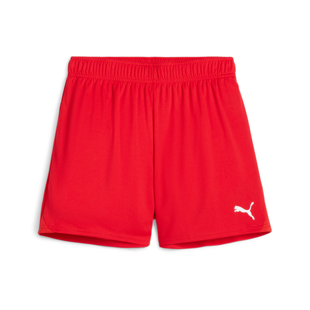 A pair of bright red Puma athletic shorts featuring an elastic waistband and a white Puma logo on the front right leg.