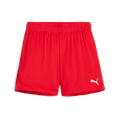 A pair of bright red Puma athletic shorts featuring an elastic waistband and a white Puma logo on the front right leg.