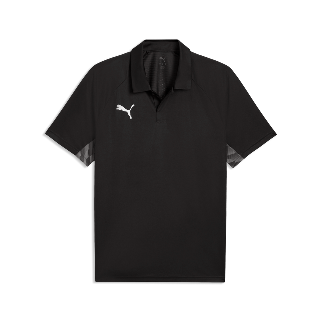 Black short-sleeved Puma polo shirt featuring a white logo on the chest and grey geometric patterns on the sleeve cuffs, set against a solid black background.