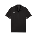 Black short-sleeved Puma polo shirt featuring a white logo on the chest and grey geometric patterns on the sleeve cuffs, set against a solid black background.