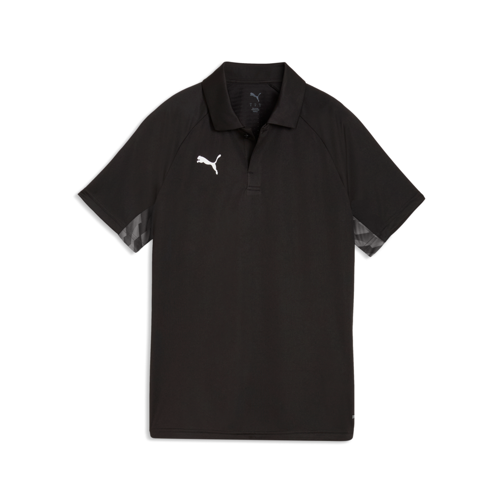 Black short-sleeved Puma polo shirt with a white logo on the chest and a grey geometric pattern on the sleeve cuffs.