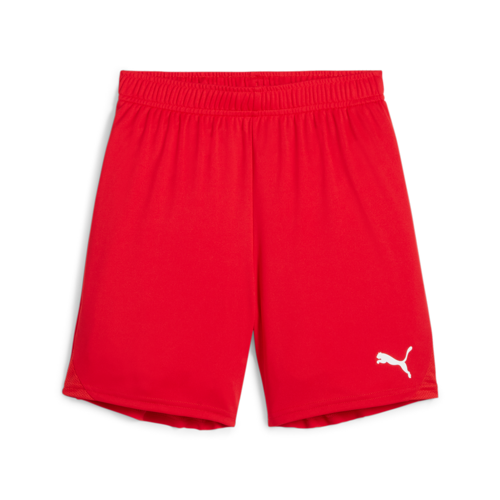 Bright red Puma athletic shorts with a white logo on the lower leg and an elastic waistband.