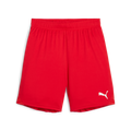 Bright red Puma athletic shorts with a white logo on the lower leg and an elastic waistband.