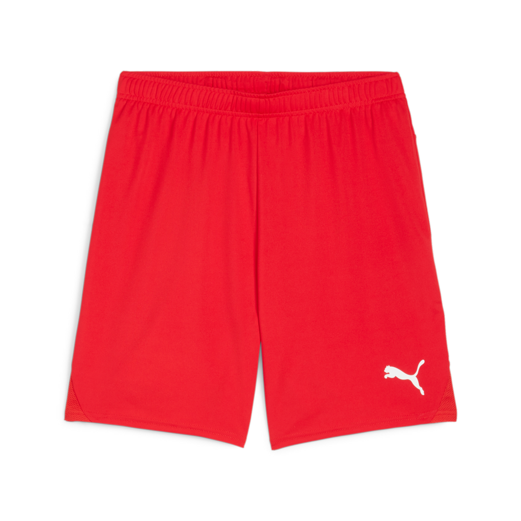 A pair of bright red Puma athletic shorts with an elastic waistband and a white Puma cat logo on the bottom right leg.