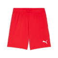 A pair of bright red Puma athletic shorts with an elastic waistband and a white Puma cat logo on the bottom right leg.