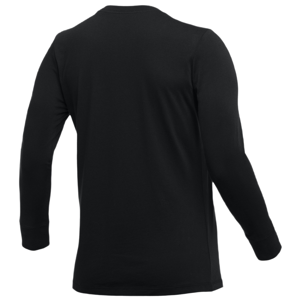 Back view of a plain black long-sleeved shirt with ribbed cuffs and a crew neckline against a white background.
