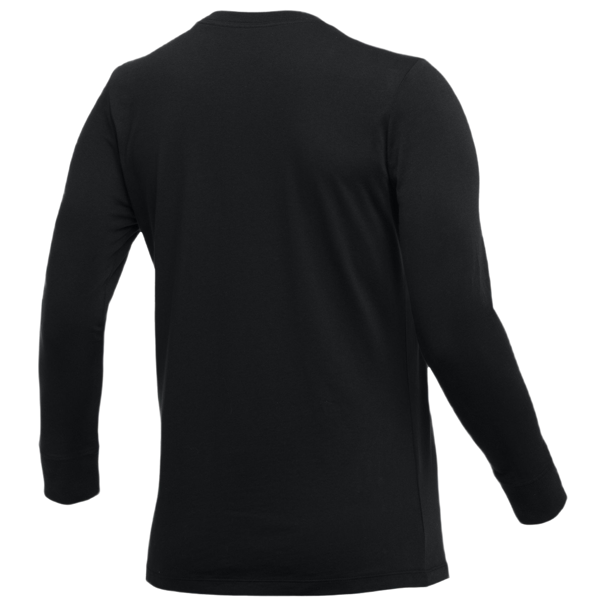 Back view of a plain black long-sleeved shirt with ribbed cuffs and a crew neckline against a white background.