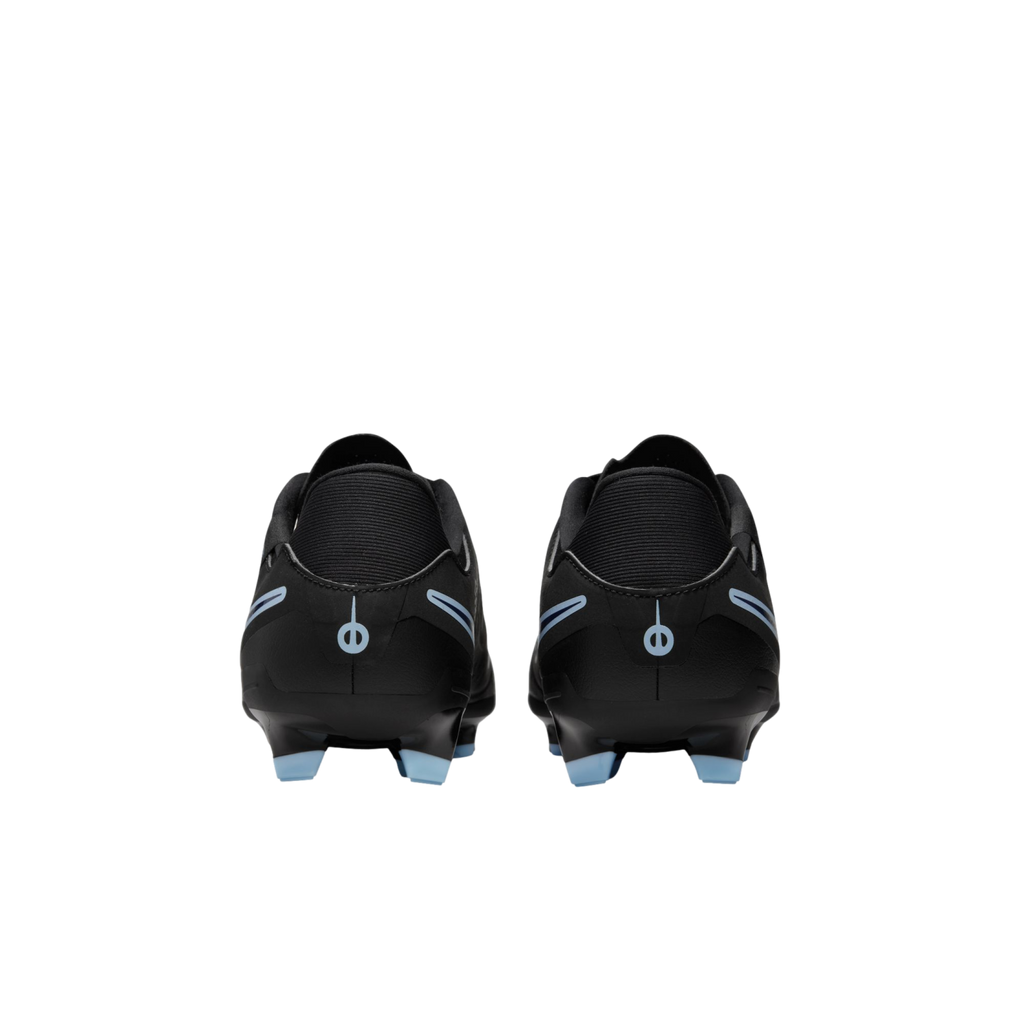 Rear view of two black soccer cleats with light blue logos and studs against a black background.