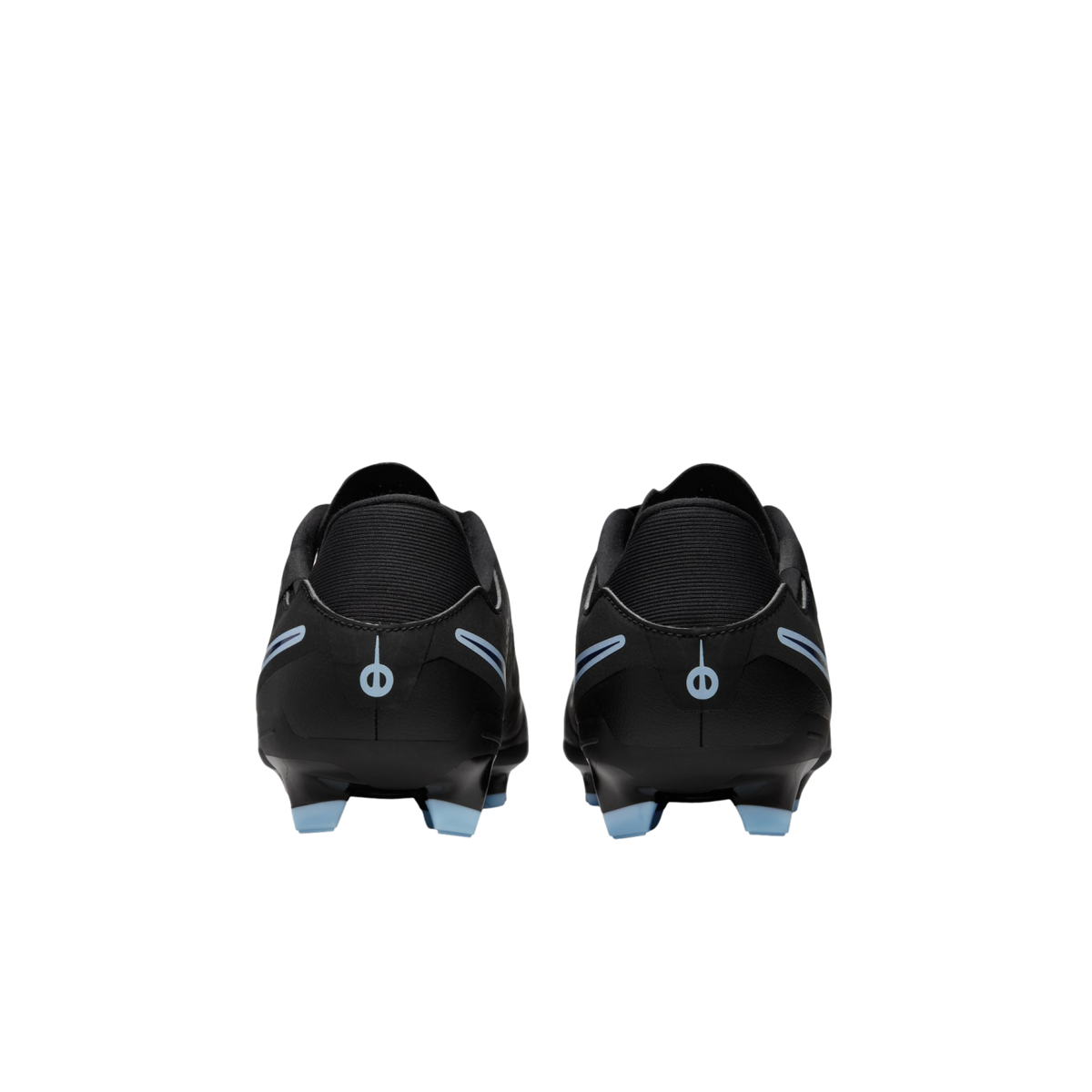 Rear view of two black soccer cleats with light blue logos and studs against a black background.