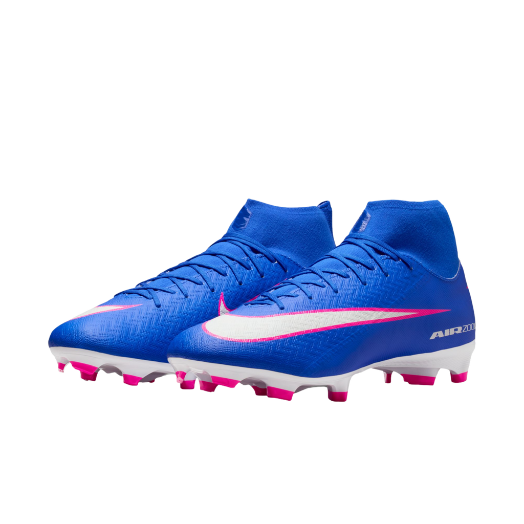 Electric blue Nike Air Zoom soccer cleats with high-top collars, white swooshes with pink outlines, and pink studs, against a black background.