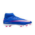 Blue Nike Air Zoom soccer cleat with a high-top ankle collar, white Nike swoosh with pink outlines, and pink studs.