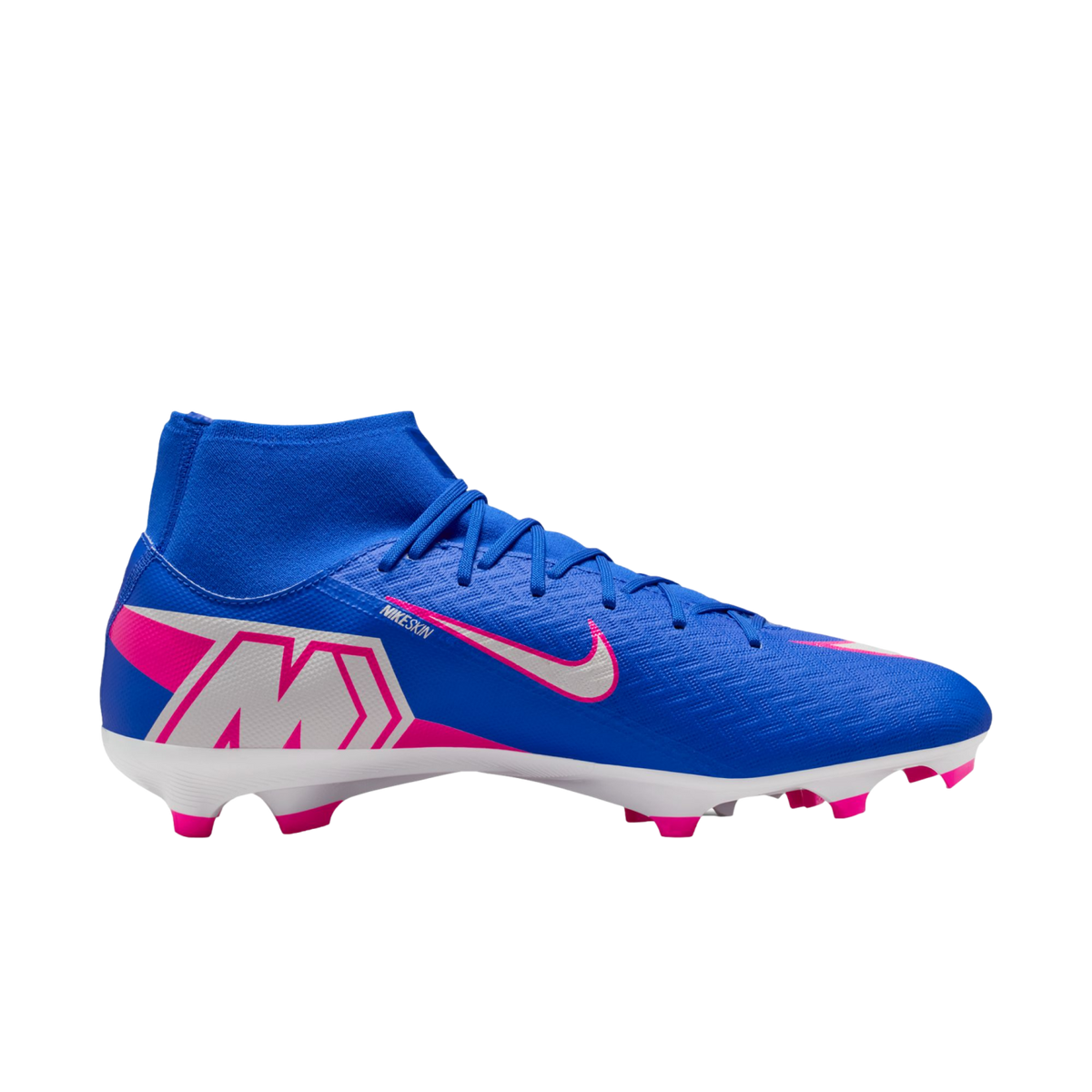 Blue Nike soccer cleat featuring a high-top ankle collar, pink and white accents, and pink studs on a white sole.