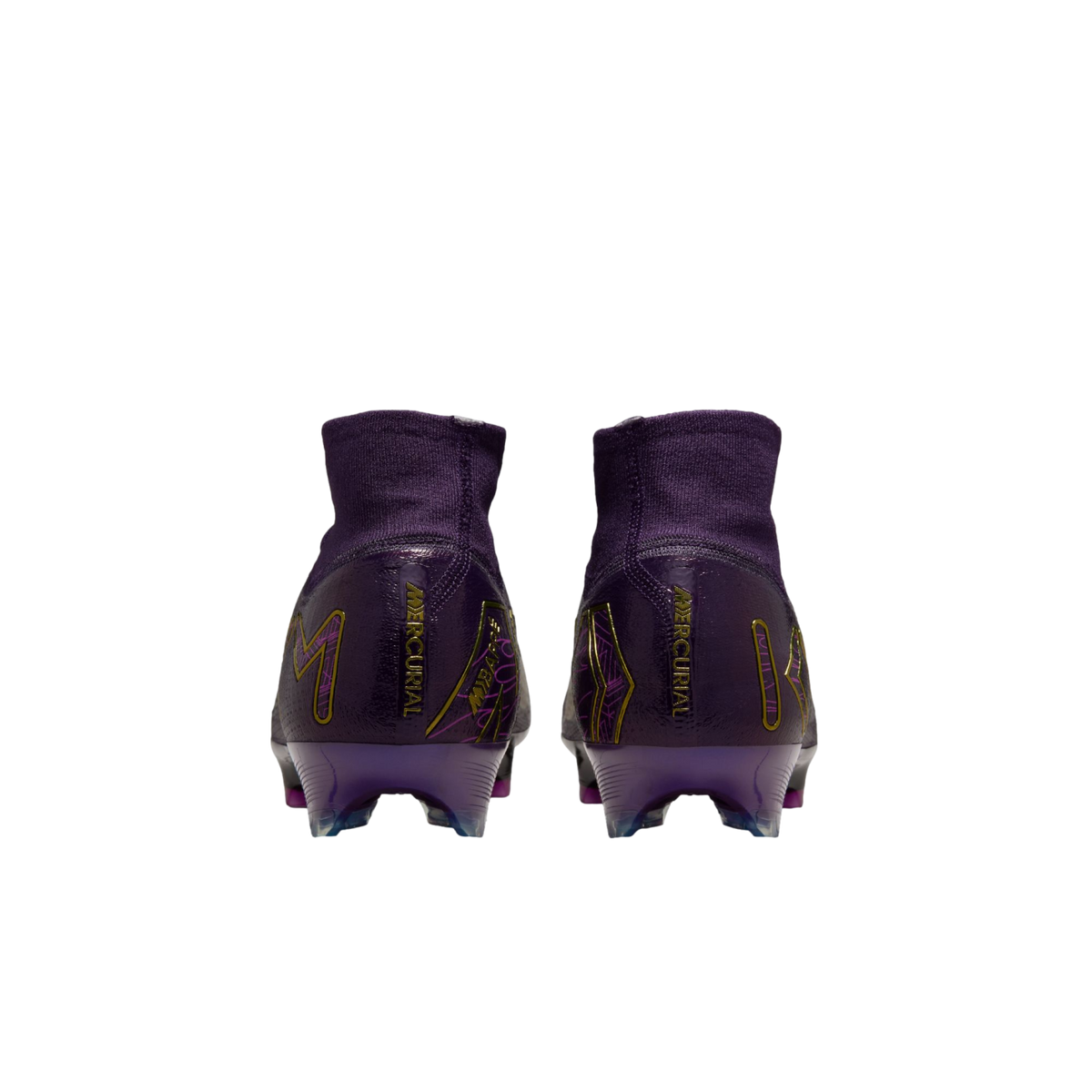 Back view of two purple Nike Mercurial soccer cleats with high-top sock collars and gold branding on a white background.