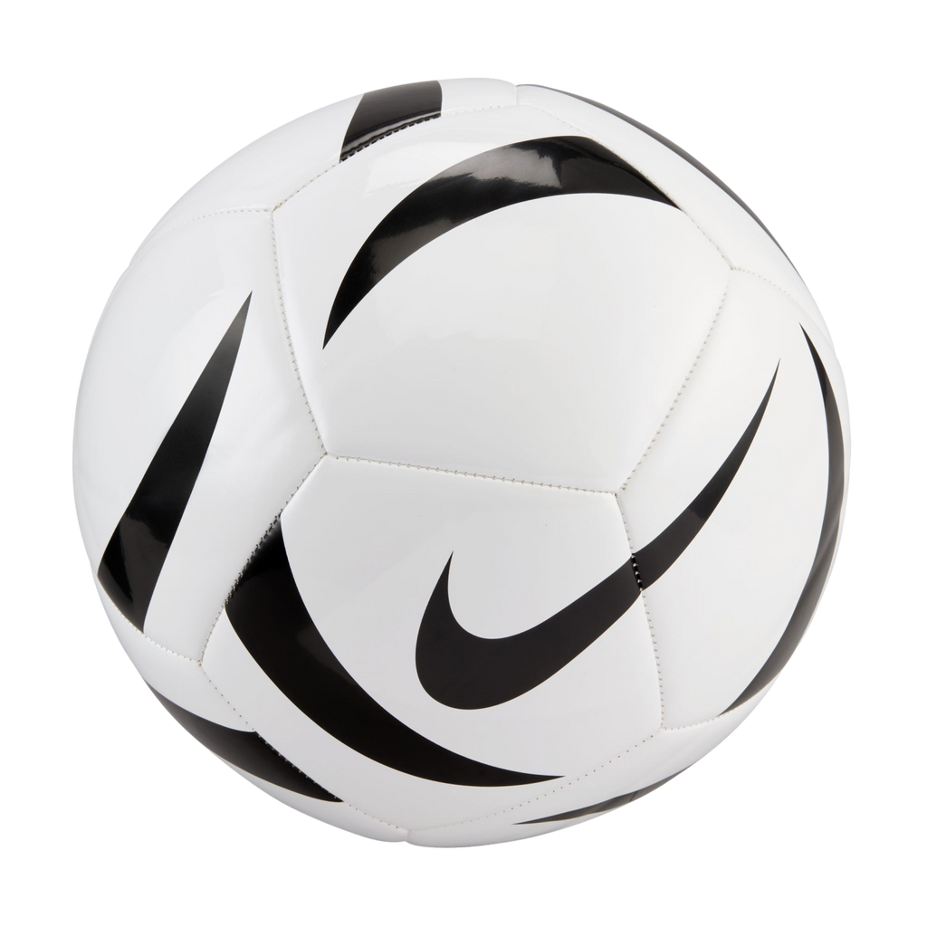 A white Nike soccer ball with black swoosh and curved graphic designs, isolated against a solid black background.