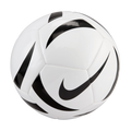 A white Nike soccer ball with black swoosh and curved graphic designs, isolated against a solid black background.