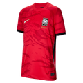 Red South Korea Nike home soccer jersey with a tonal abstract pattern, gold Nike logo, and national team crest on the chest.