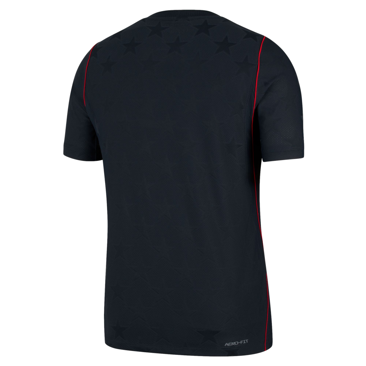 Back view of a black athletic jersey featuring tonal star patterns on the shoulders and thin red piping along the sides. "AERO-FIT" text is visible on the bottom right hem.