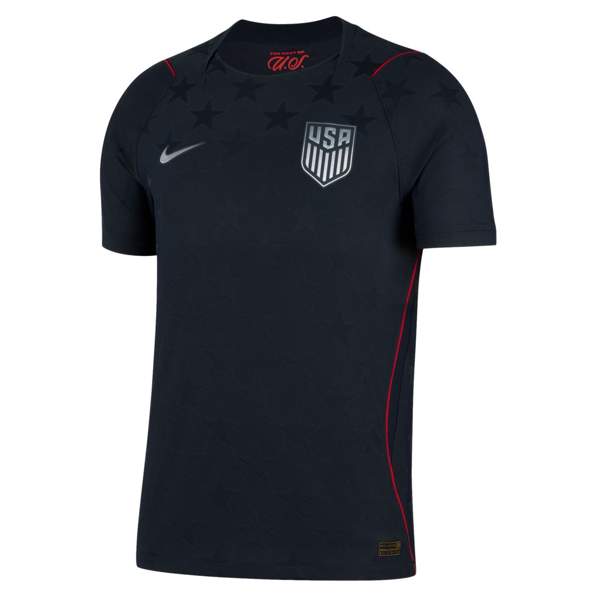 Dark navy Nike USA soccer jersey with silver team crest and swoosh. Features a tonal star pattern across the chest and thin red piping on the shoulders and sides.