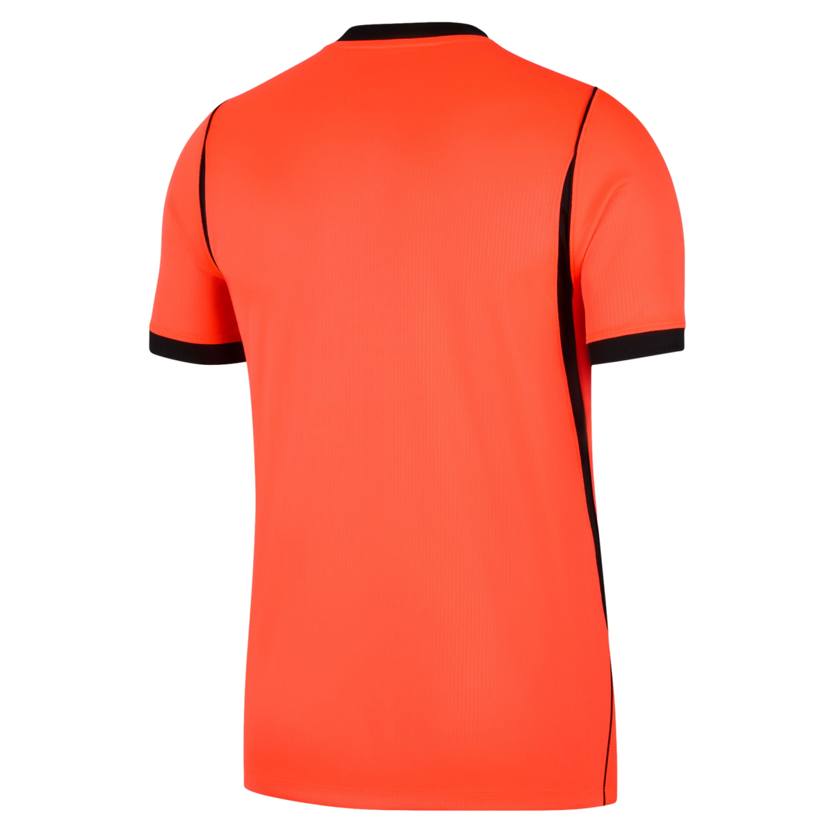Back view of a bright orange, short-sleeved sports jersey with black trim on the collar and sleeve cuffs. A thin black stripe runs down each side from the shoulder to the hem.