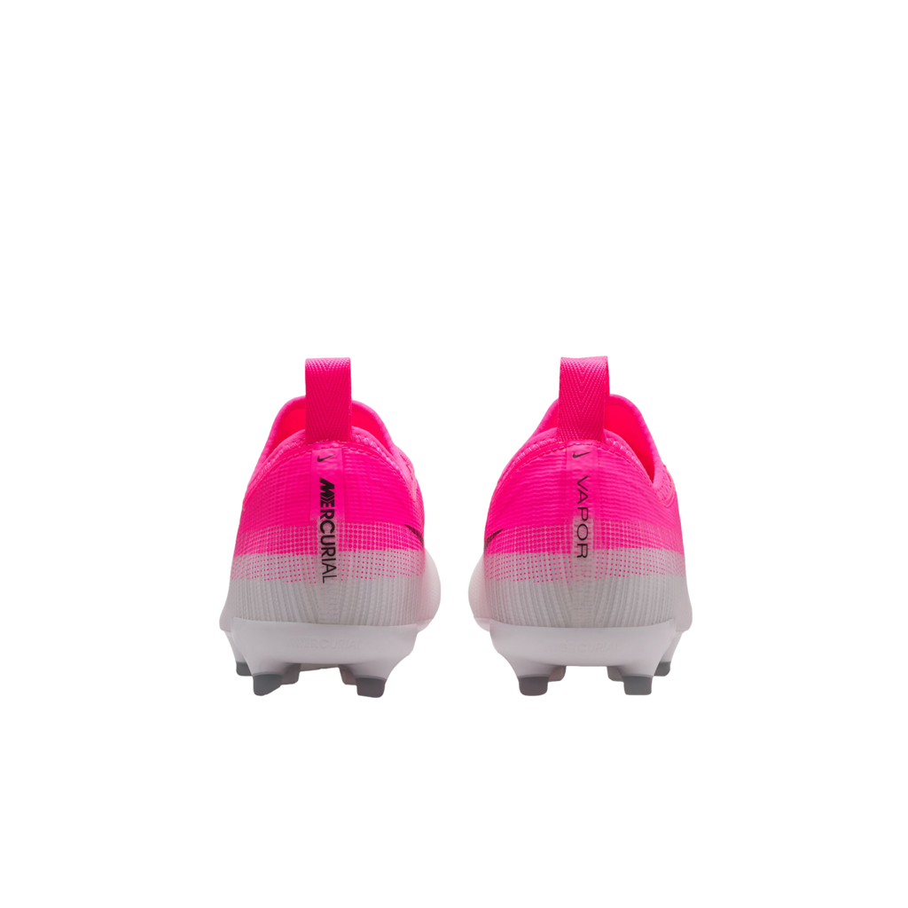 A rear view of bright pink and white Nike Mercurial Vapor soccer cleats against a plain white background.
