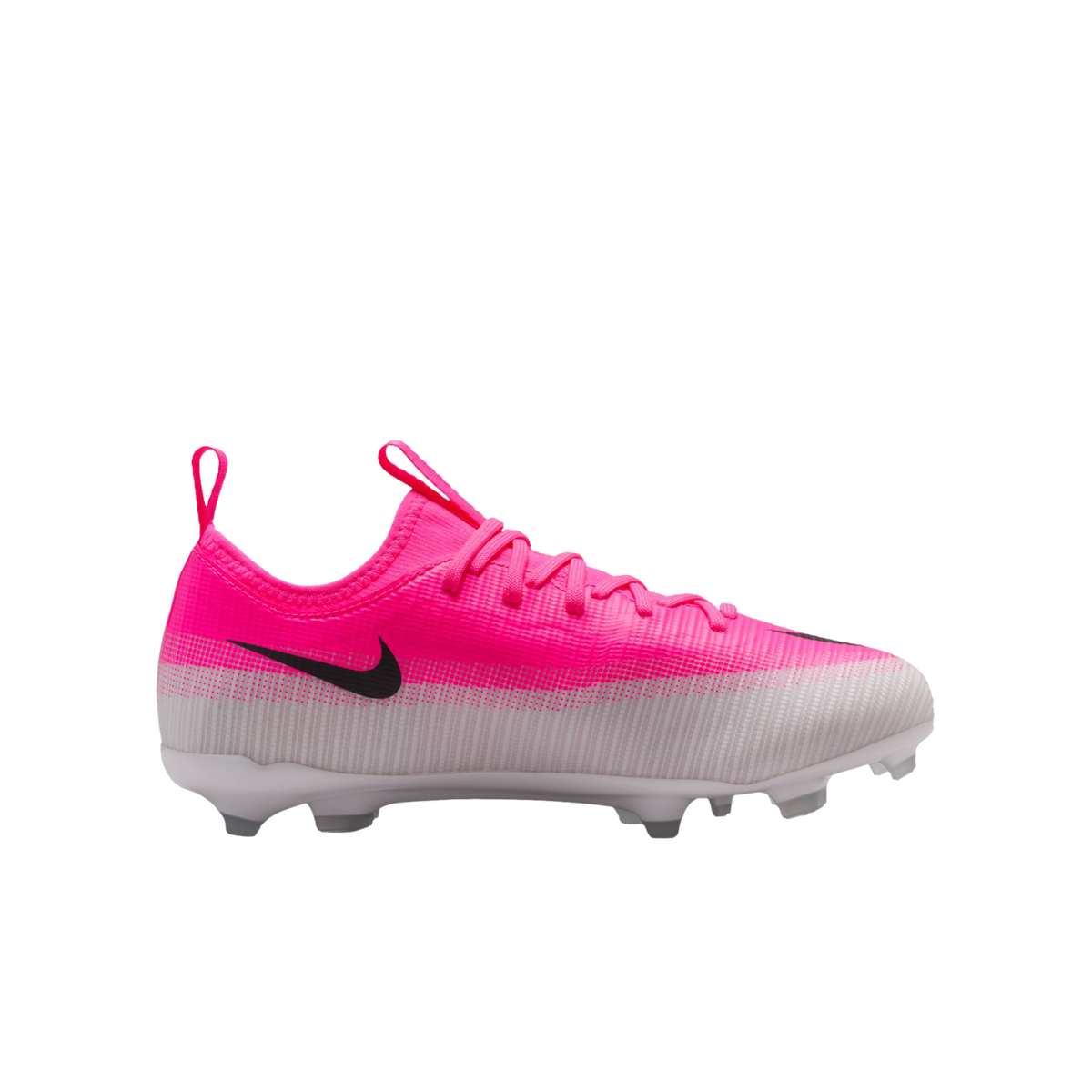 Side profile of a pink and white Nike soccer cleat with a black swoosh and white studded sole, isolated on a white background.