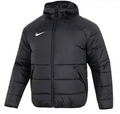 Black Nike hooded puffer jacket with a white swoosh logo and full-zip front.