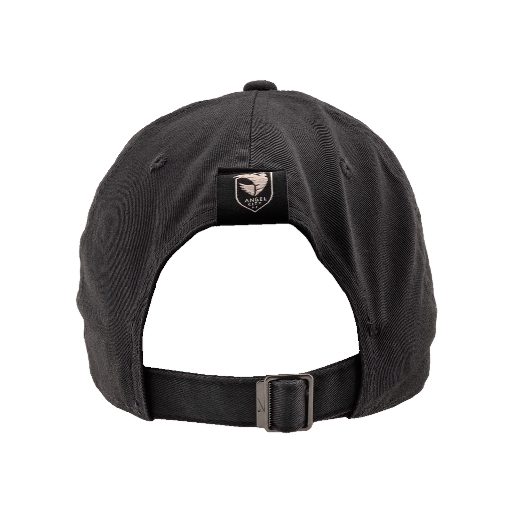 Back view of a black adjustable baseball cap featuring an Angel City FC logo patch above the rear opening and a slider buckle strap.