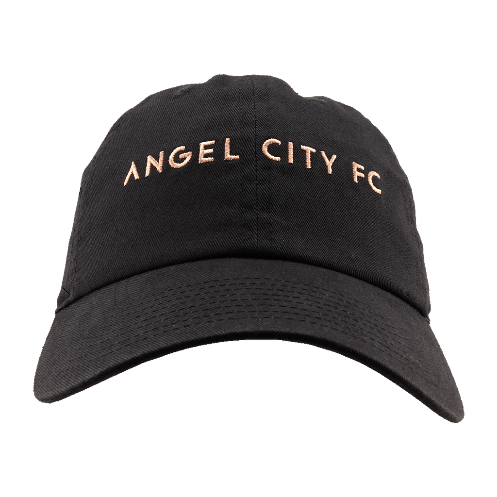A black baseball cap featuring the words "ANGEL CITY FC" embroidered in rose gold across the front.