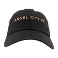 A black baseball cap featuring the words "ANGEL CITY FC" embroidered in rose gold across the front.