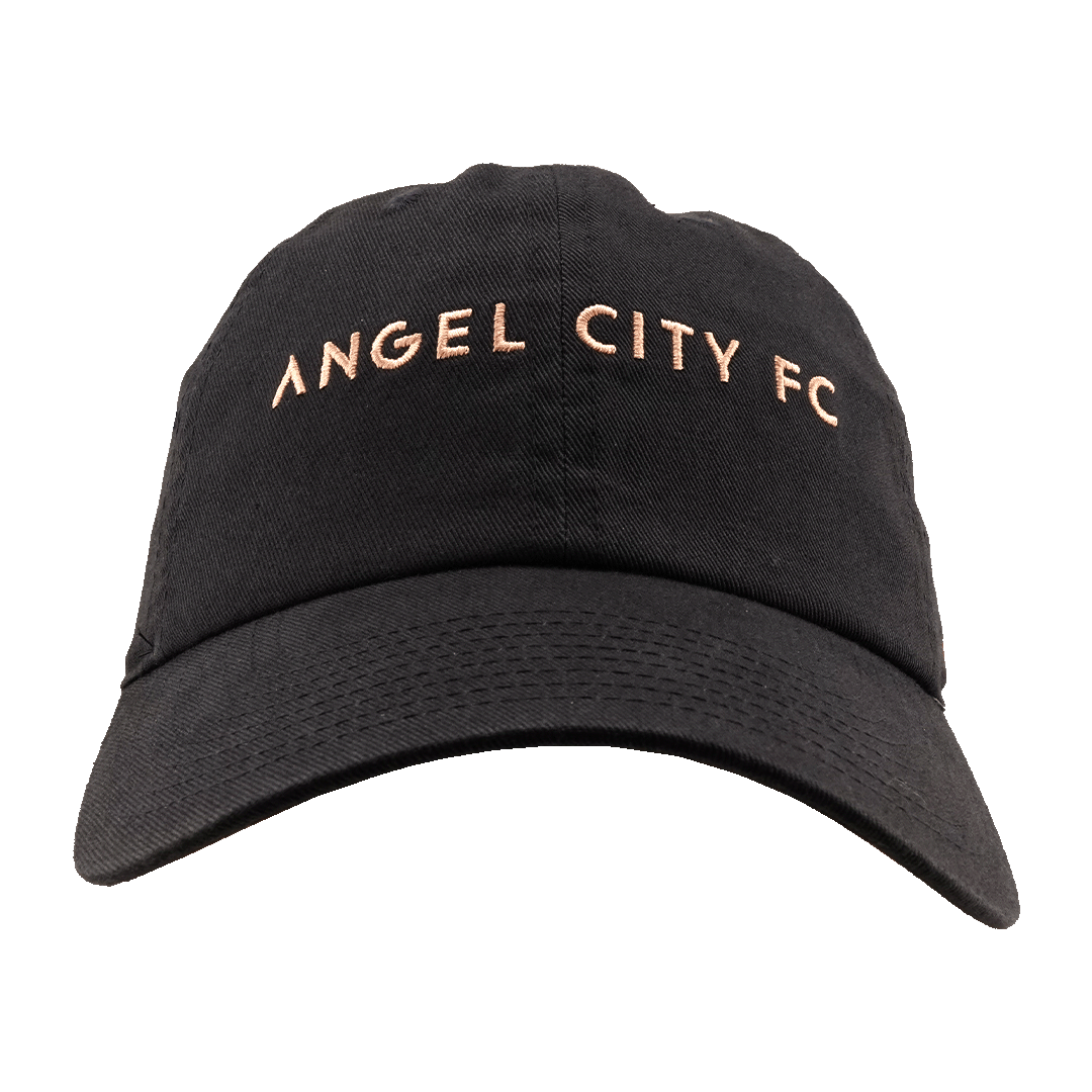 A black baseball cap featuring the words "ANGEL CITY FC" embroidered in rose gold across the front.