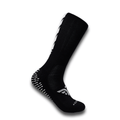 A black For The Footballer XLR8R Pro No Slip Sock featuring white logo details and rubberized grip pads on the heel and sole.
