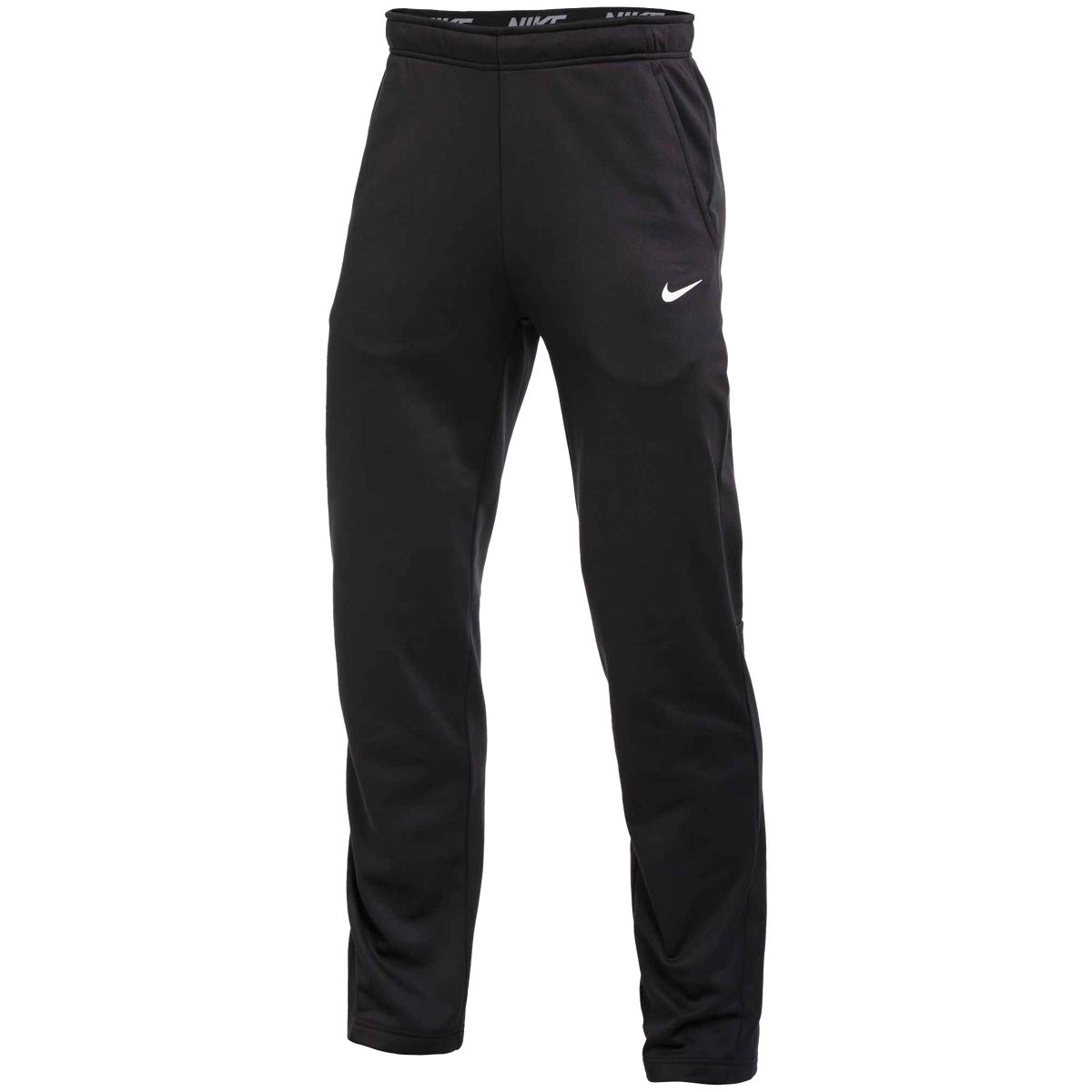 Black Nike athletic pants with a white swoosh logo on the left thigh and a branded waistband.