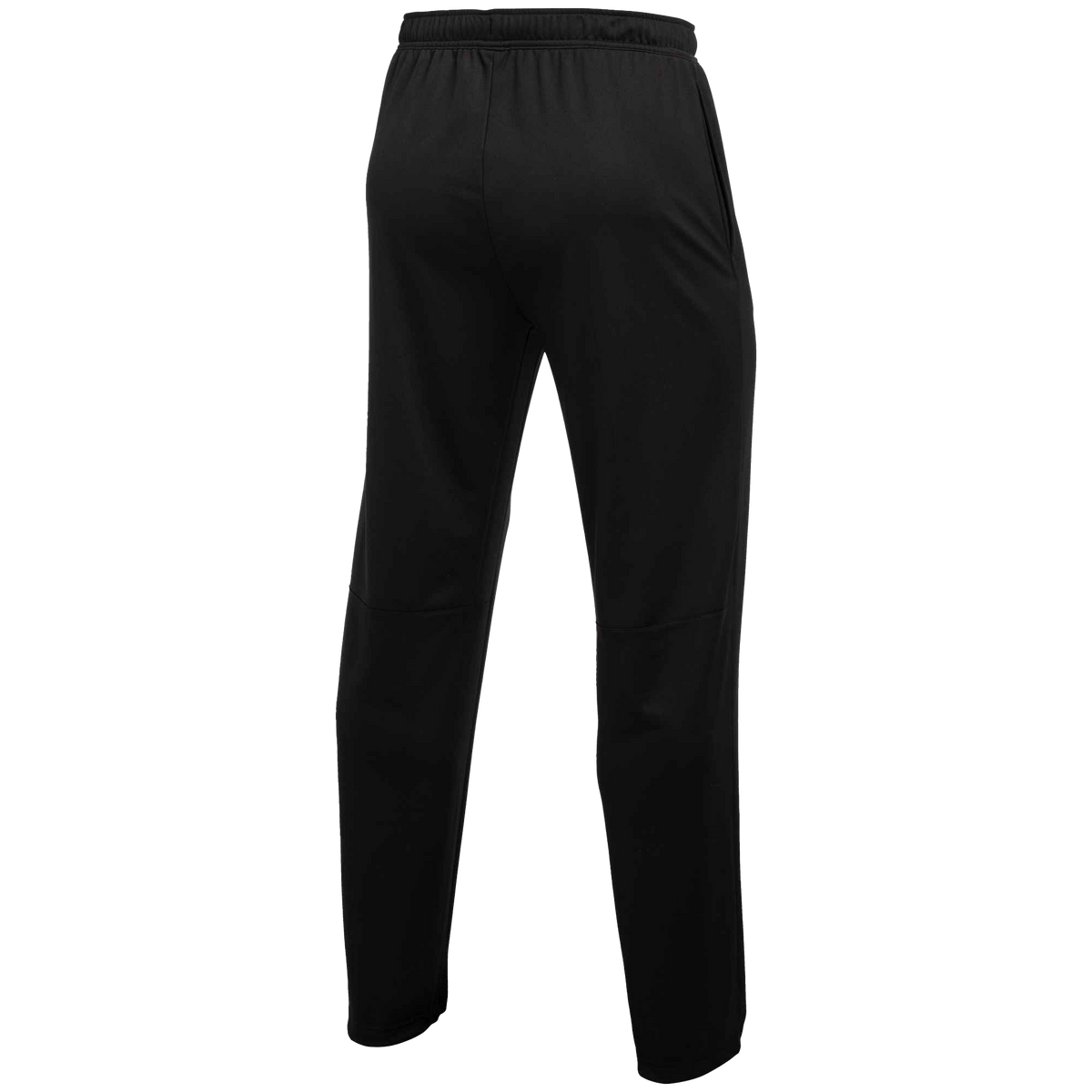 A rear view of black athletic training pants featuring an elastic waistband, side pockets, and tapered legs with horizontal seams above the knees.