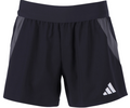 Black Adidas athletic shorts with grey side panels, a wide waistband, and a white Adidas logo on the bottom left.