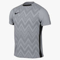 Light grey Nike athletic t-shirt with a zig-zag chevron pattern on the front. Features a black swoosh on the chest, a crew neck, and black side panels.