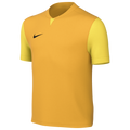 Yellow-orange Nike soccer jersey with bright yellow sleeves and a black swoosh on the chest. The short-sleeved shirt has a subtle V-neck collar.