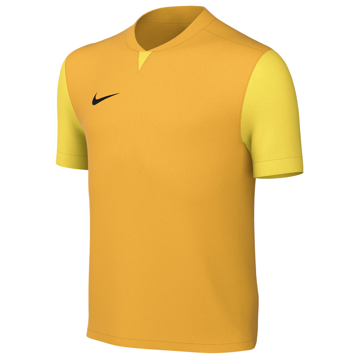 Yellow-orange Nike soccer jersey with bright yellow sleeves and a black swoosh on the chest. The short-sleeved shirt has a subtle V-neck collar.