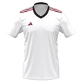 White Adidas athletic jersey featuring a black V-neck collar, maroon stripes on the shoulders, and a maroon logo on the right chest.