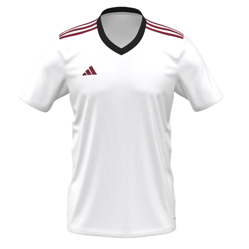 White Adidas athletic jersey featuring a black V-neck collar, maroon stripes on the shoulders, and a maroon logo on the right chest.