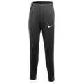 Black Nike athletic pants featuring a white swoosh logo on the left thigh and an elastic waistband.