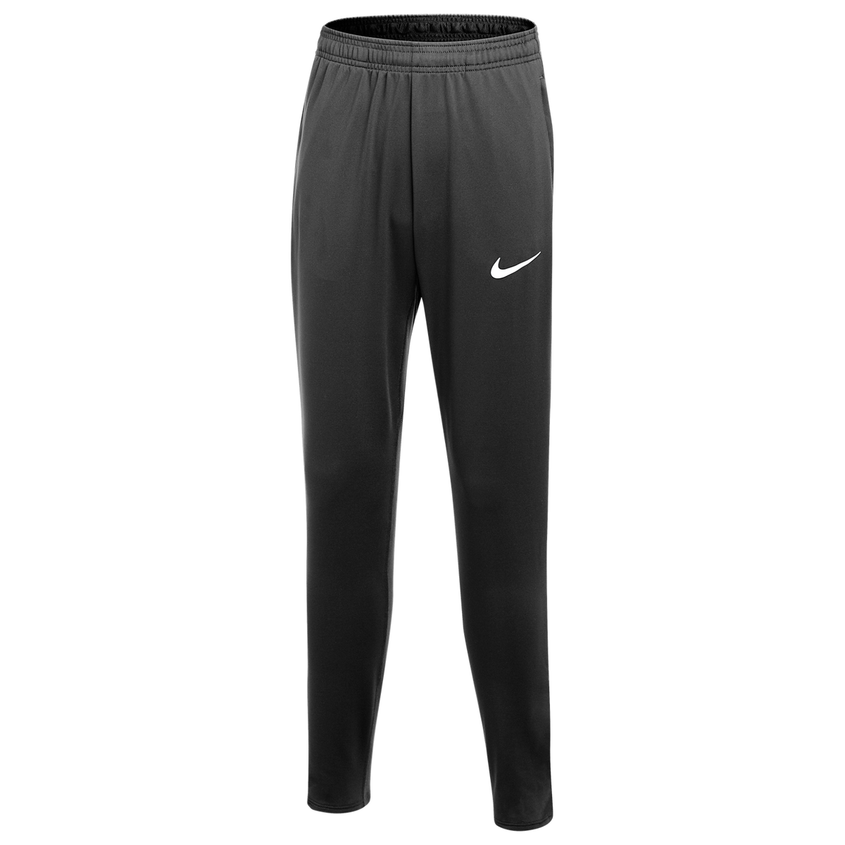 Black Nike athletic pants featuring a white swoosh logo on the left thigh and an elastic waistband.