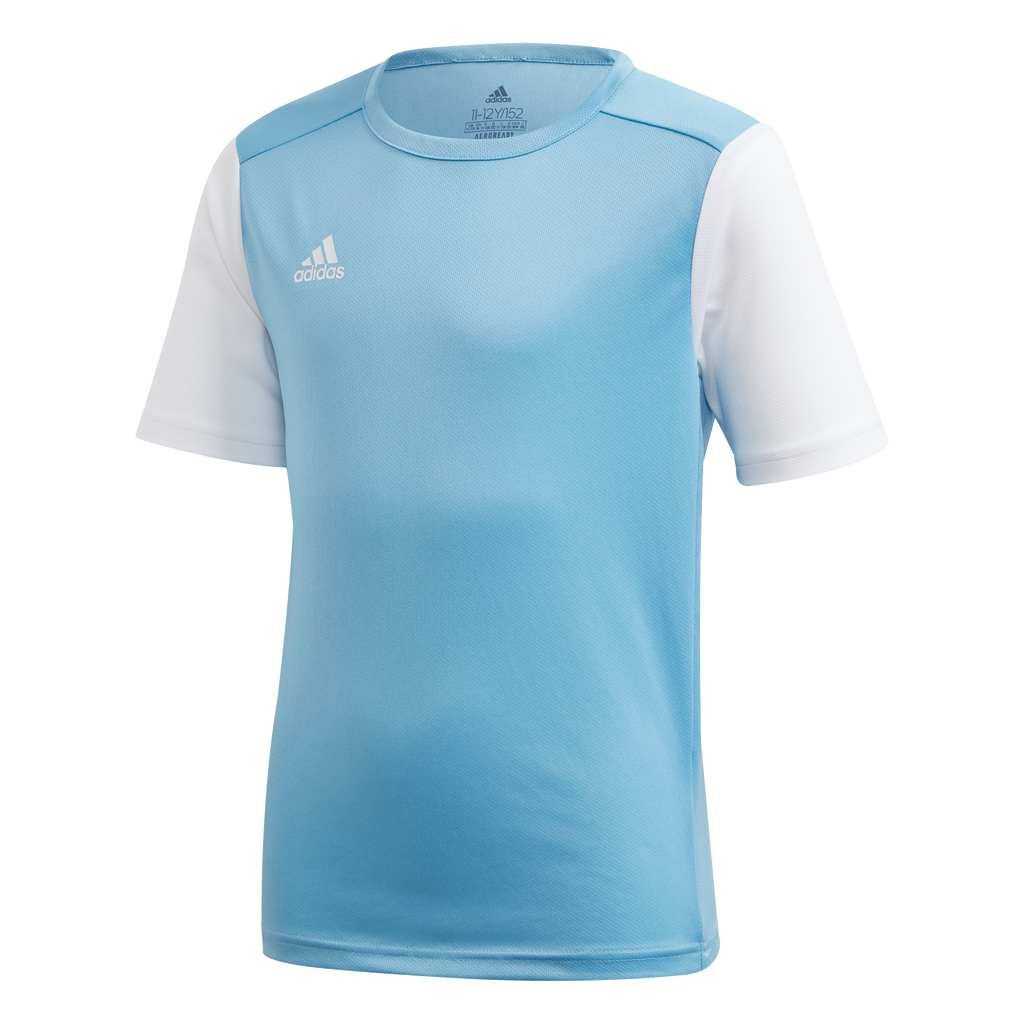 Light blue short-sleeved Adidas t-shirt with white sleeves and a white logo on the right chest. It features a crew neck and breathable athletic mesh fabric.