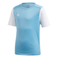 Light blue short-sleeved Adidas t-shirt with white sleeves and a white logo on the right chest. It features a crew neck and breathable athletic mesh fabric.