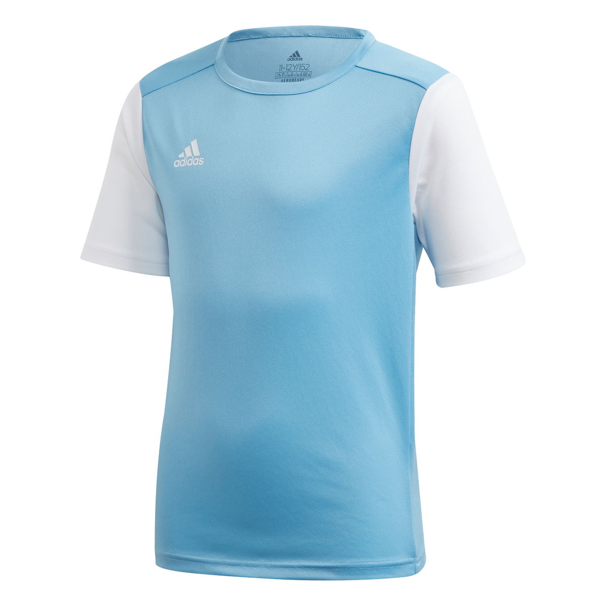 Light blue short-sleeved Adidas t-shirt with white sleeves and a white logo on the right chest. It features a crew neck and breathable athletic mesh fabric.