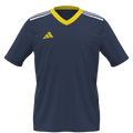 A navy blue short-sleeved Adidas jersey featuring a yellow V-neck collar, a yellow performance logo on the chest, and three white stripes on the shoulders.